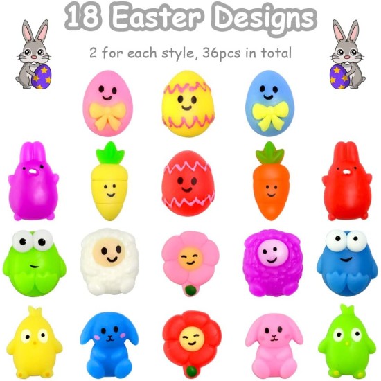 Waybla 36 PCS Easter Squishy Toys Kawaii Cute Squishy Stress Reliever Anxiety Toys Easter Gifts for Kids Easter Party Favors Easter Basket Stuffers Easter Eggs Fillers Gifts