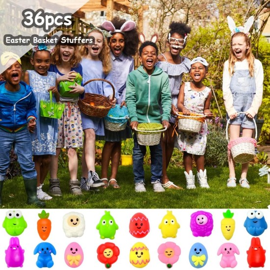 Waybla 36 PCS Easter Squishy Toys Kawaii Cute Squishy Stress Reliever Anxiety Toys Easter Gifts for Kids Easter Party Favors Easter Basket Stuffers Easter Eggs Fillers Gifts